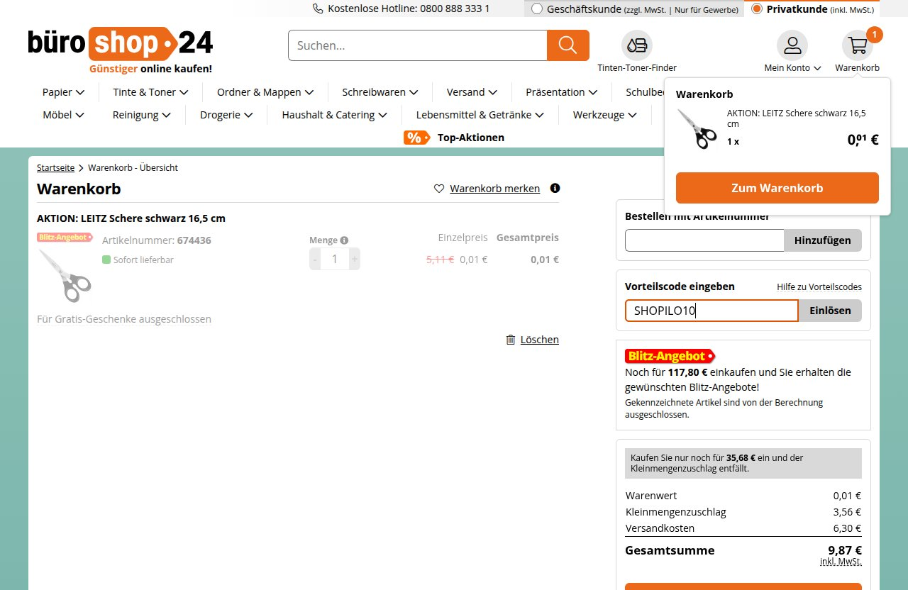 Wo man den Rabattcode auf der büroshop24-Website eingibt