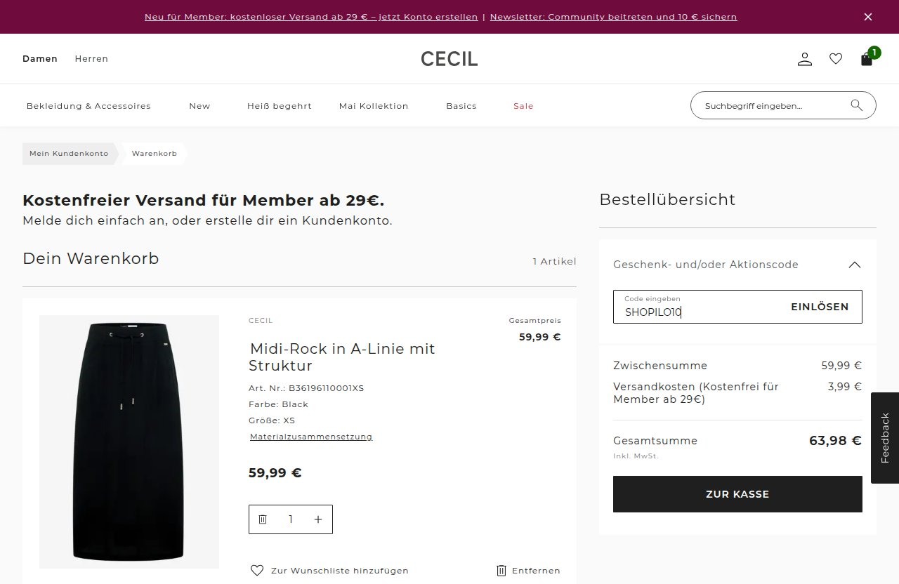 Wo man den Rabattcode auf der CECIL-Website eingibt