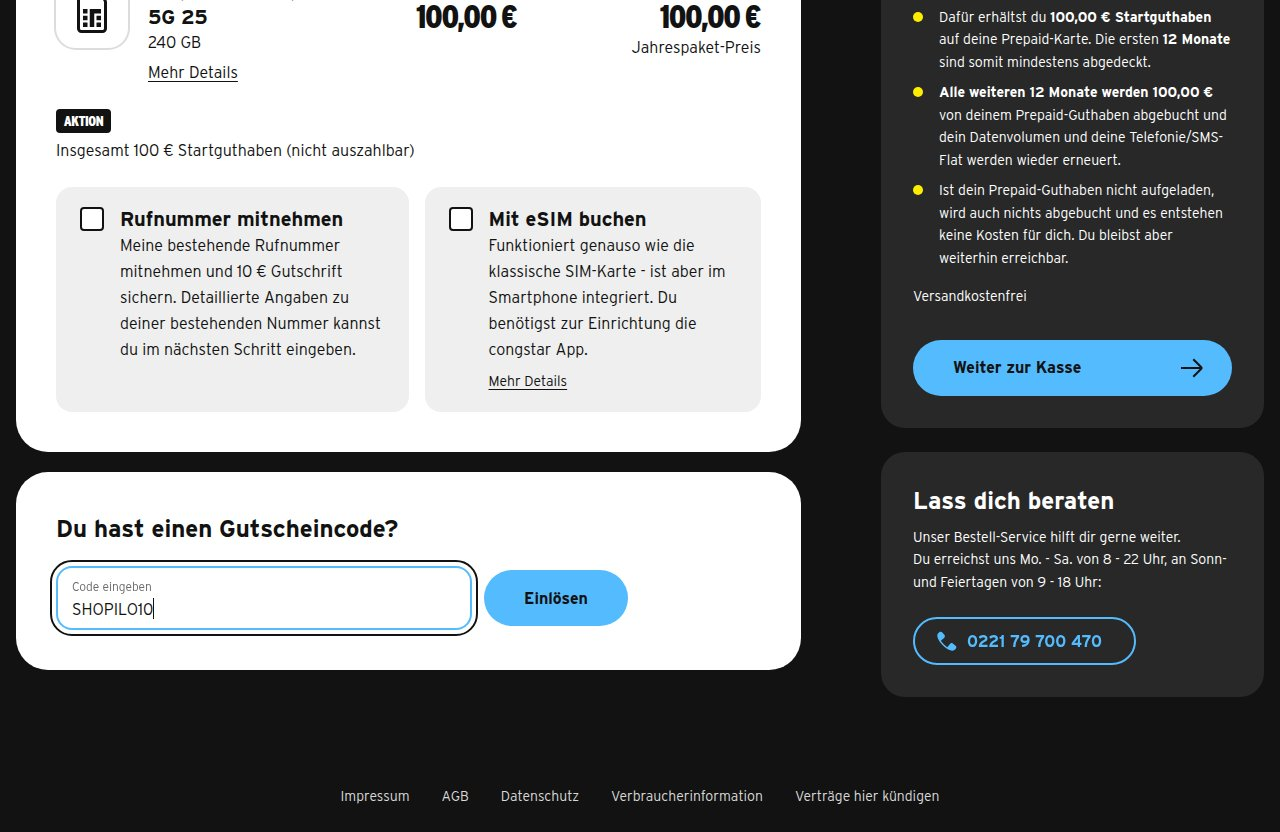 Wo man den Rabattcode auf der Congstar-Website eingibt