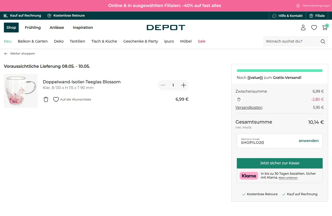 Wo man den Rabattcode auf der Depot-Website eingibt