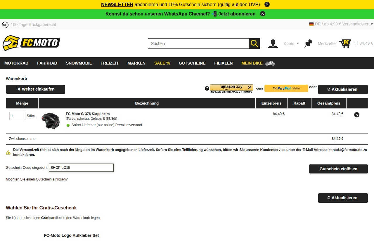 Wo man den Rabattcode auf der FC-Moto-Website eingibt