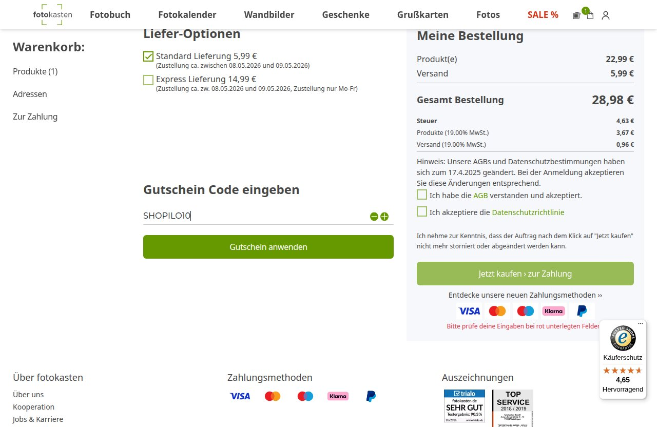 Wo man den Rabattcode auf der Fotokasten-Website eingibt