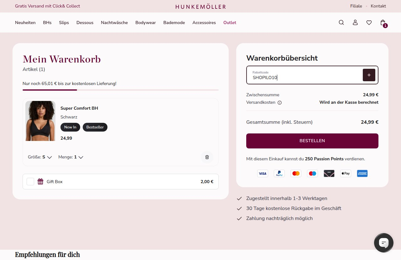 Wo man den Rabattcode auf der Hunkemöller-Website eingibt