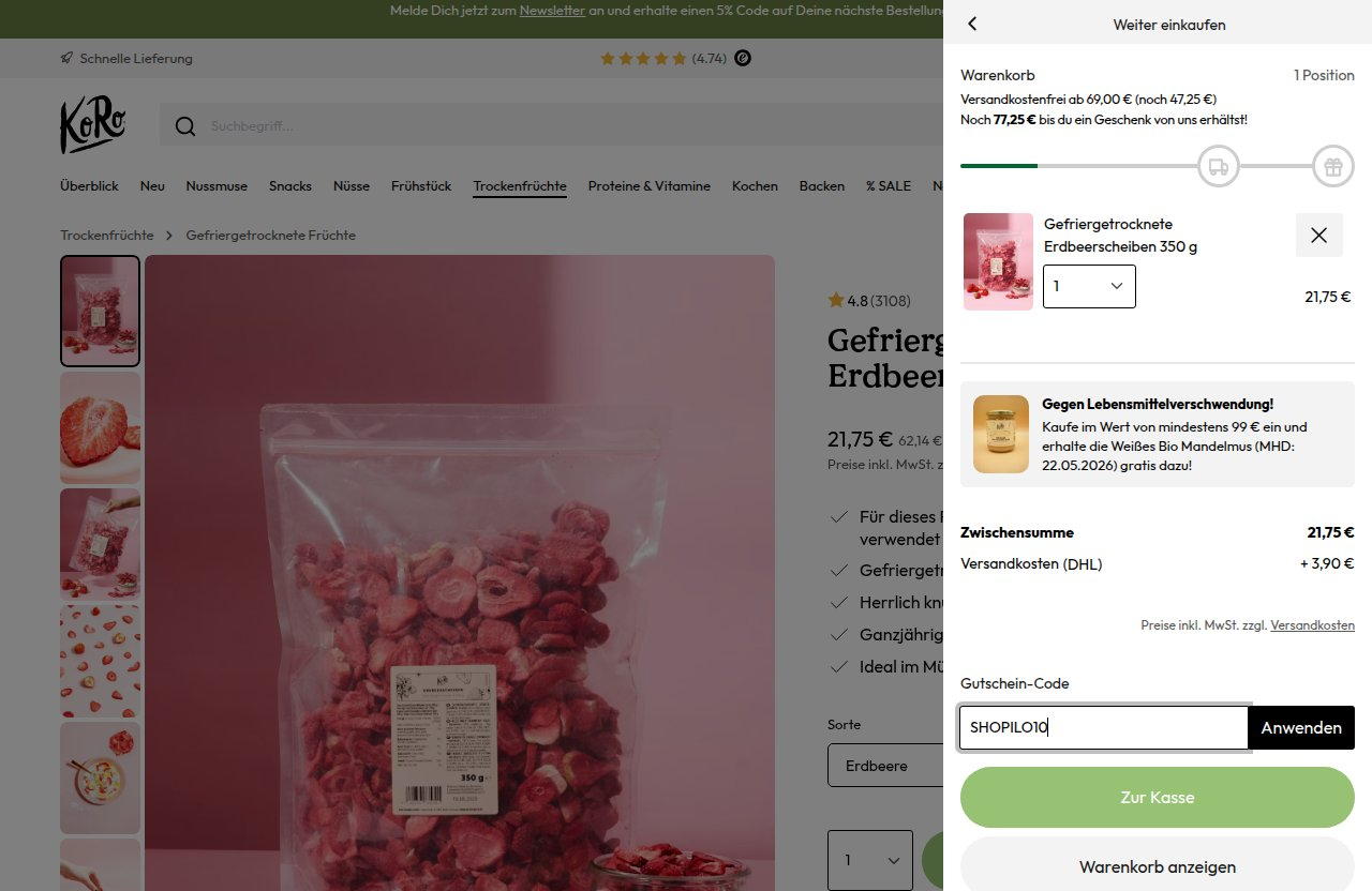 Wo man den Rabattcode auf der KoRo-Website eingibt