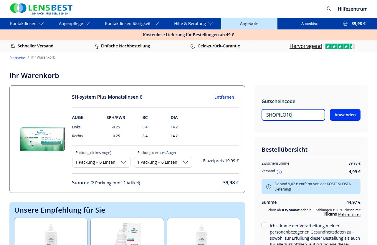 Wo man den Rabattcode auf der Lensbest-Website eingibt