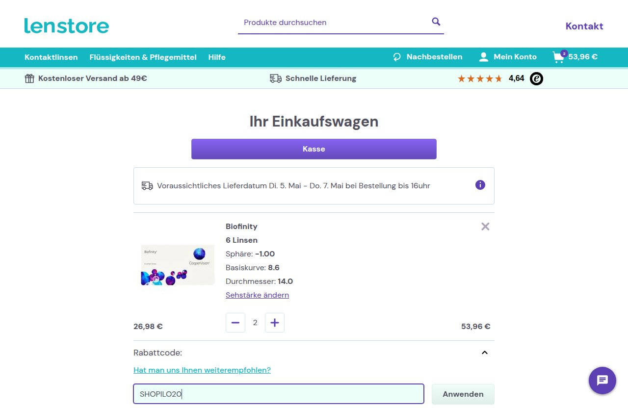 Wo man den Rabattcode auf der Lenstore-Website eingibt