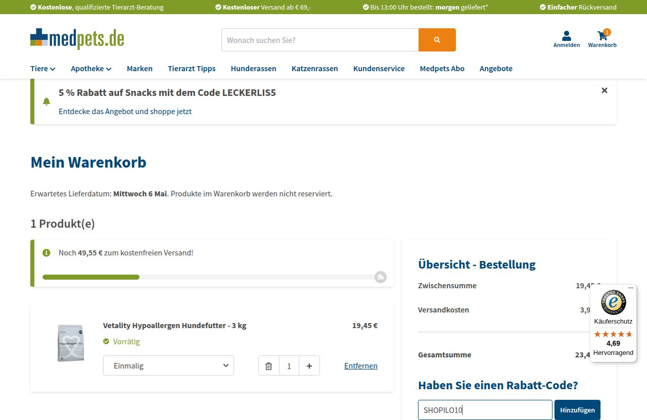 Wo man den Rabattcode auf der Medpets-Website eingibt