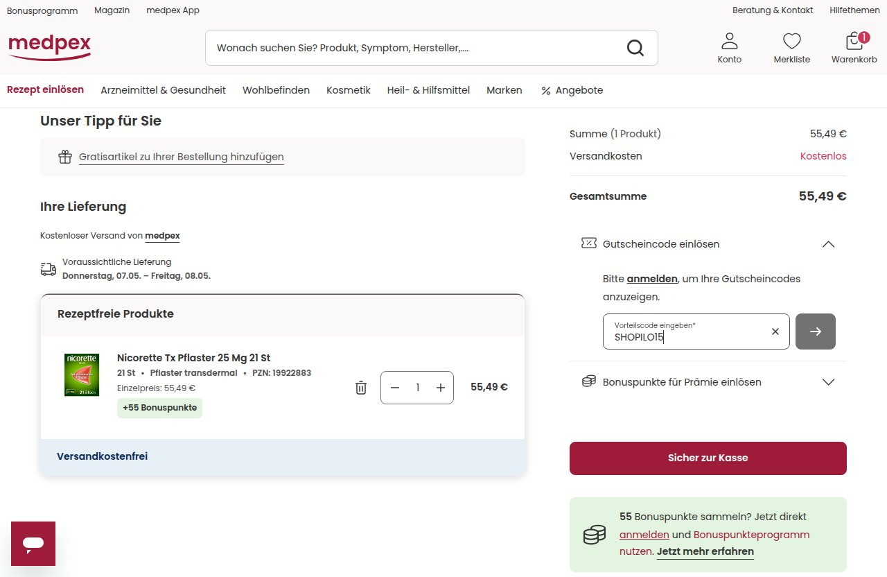 Wo man den Rabattcode auf der Medpex-Website eingibt