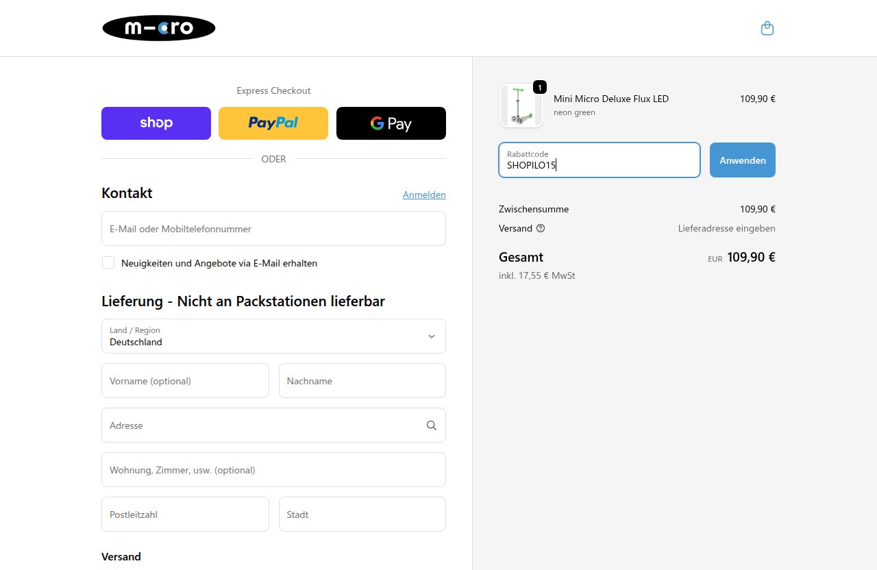 Wo man den Rabattcode auf der Micro Scooter-Website eingibt