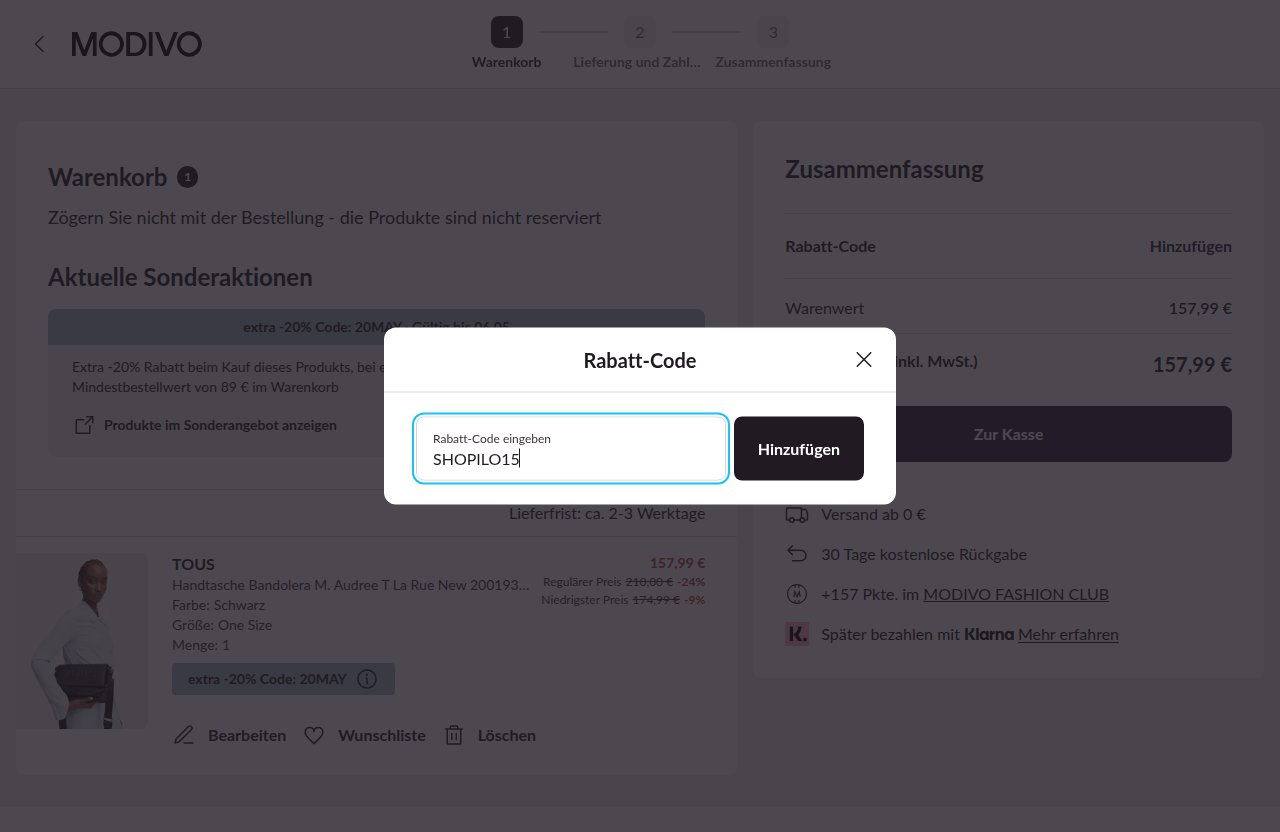 Wo man den Rabattcode auf der Modivo-Website eingibt