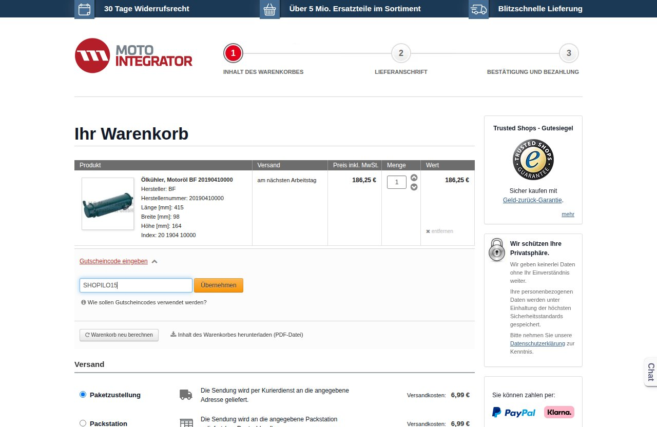 Wo man den Rabattcode auf der Motointegrator-Website eingibt