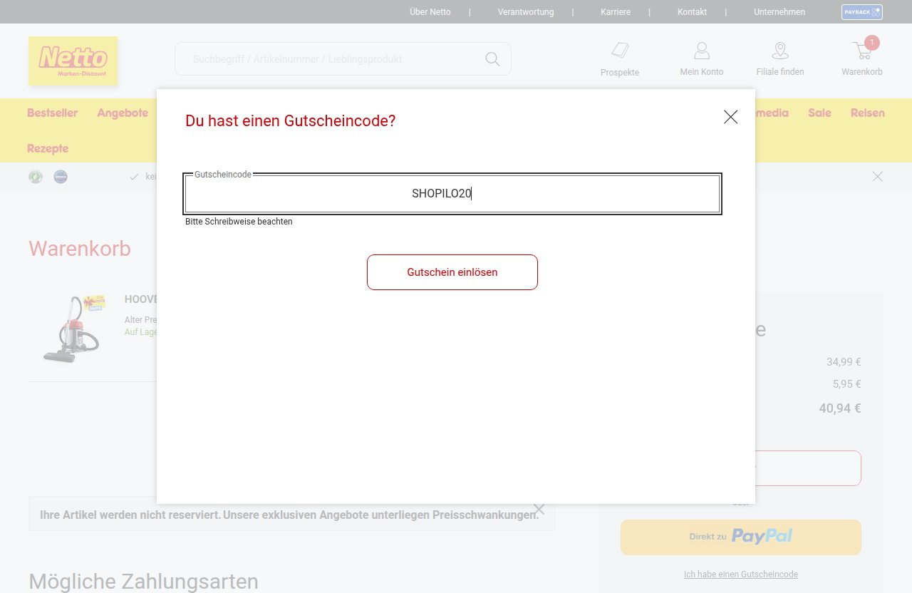 Wo man den Rabattcode auf der Netto-Website eingibt