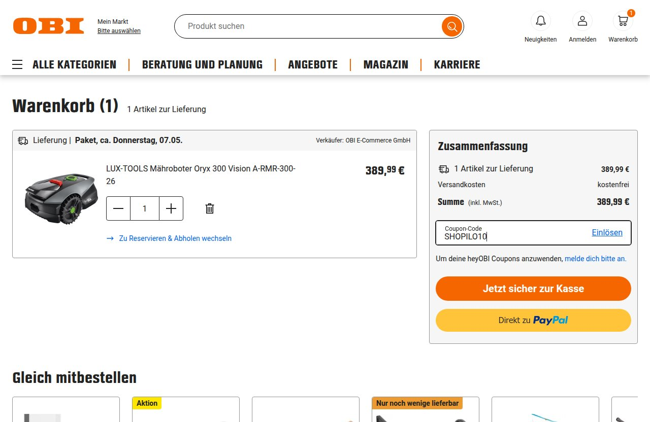 Wo man den Rabattcode auf der OBI-Website eingibt