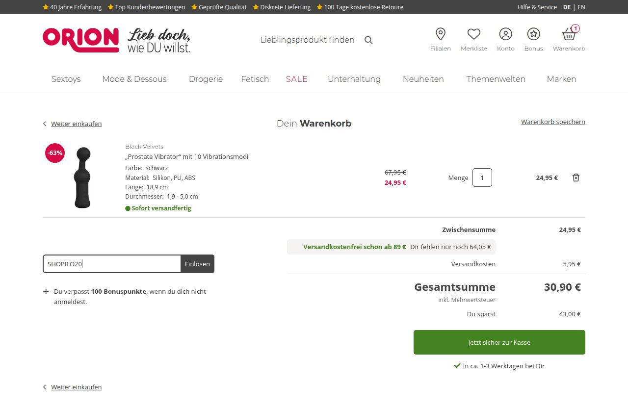 Wo man den Rabattcode auf der ORION-Website eingibt