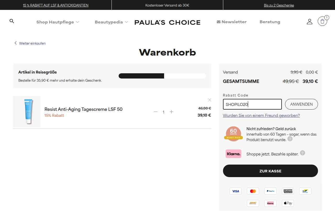 Wo man den Rabattcode auf der Paula's Choice-Website eingibt