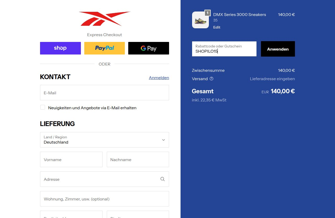 Wo man den Rabattcode auf der Reebok-Website eingibt