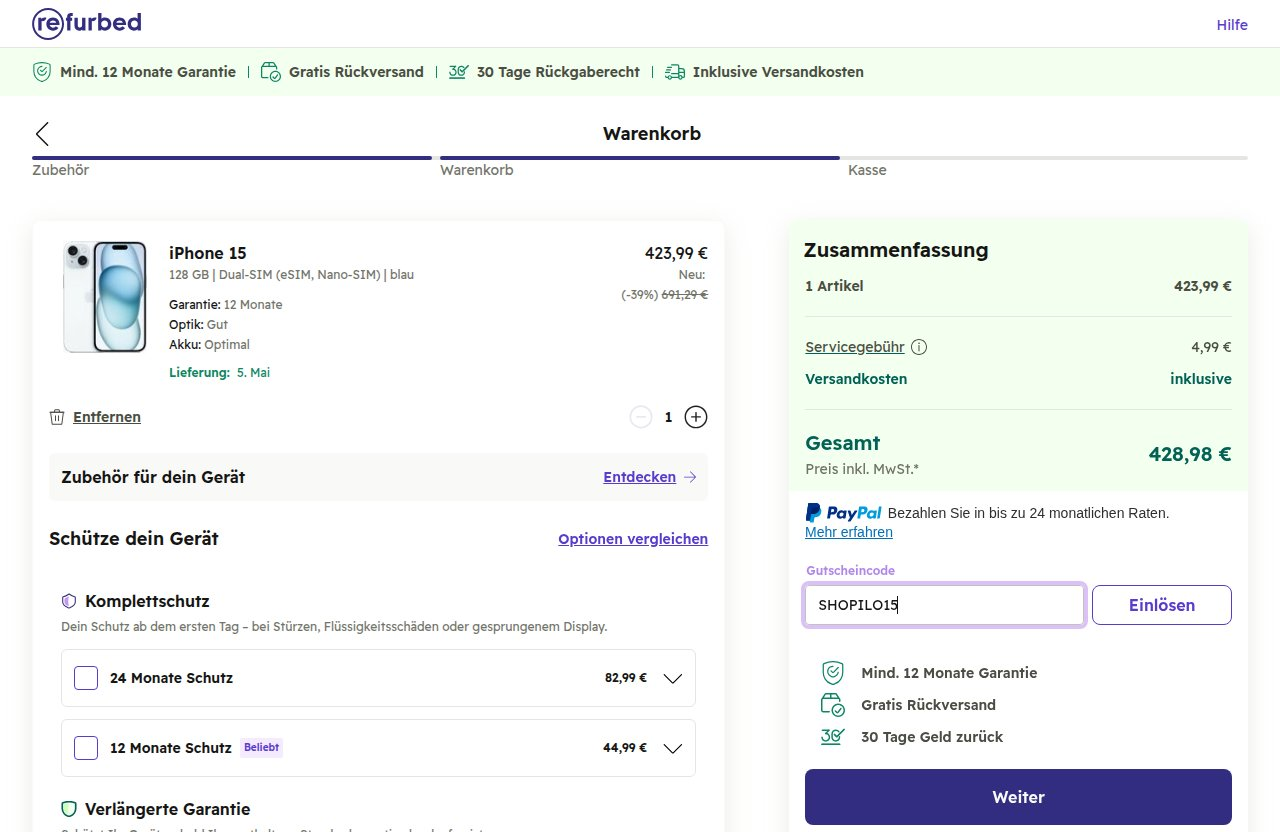 Wo man den Rabattcode auf der refurbed-Website eingibt
