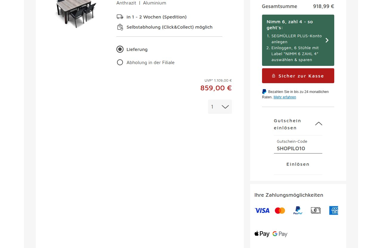 Wo man den Rabattcode auf der Segmüller-Website eingibt