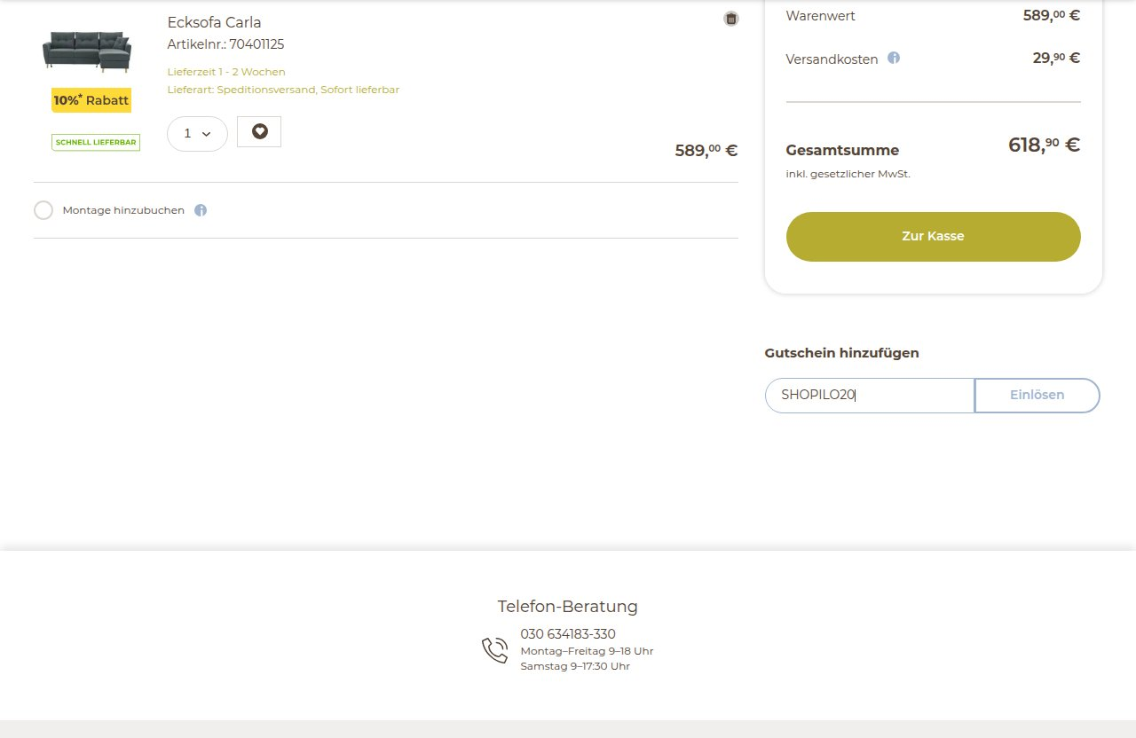 Wo man den Rabattcode auf der Sofa.de-Website eingibt