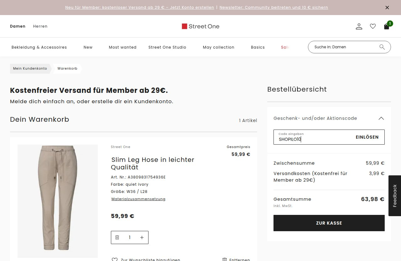 Wo man den Rabattcode auf der Street One-Website eingibt