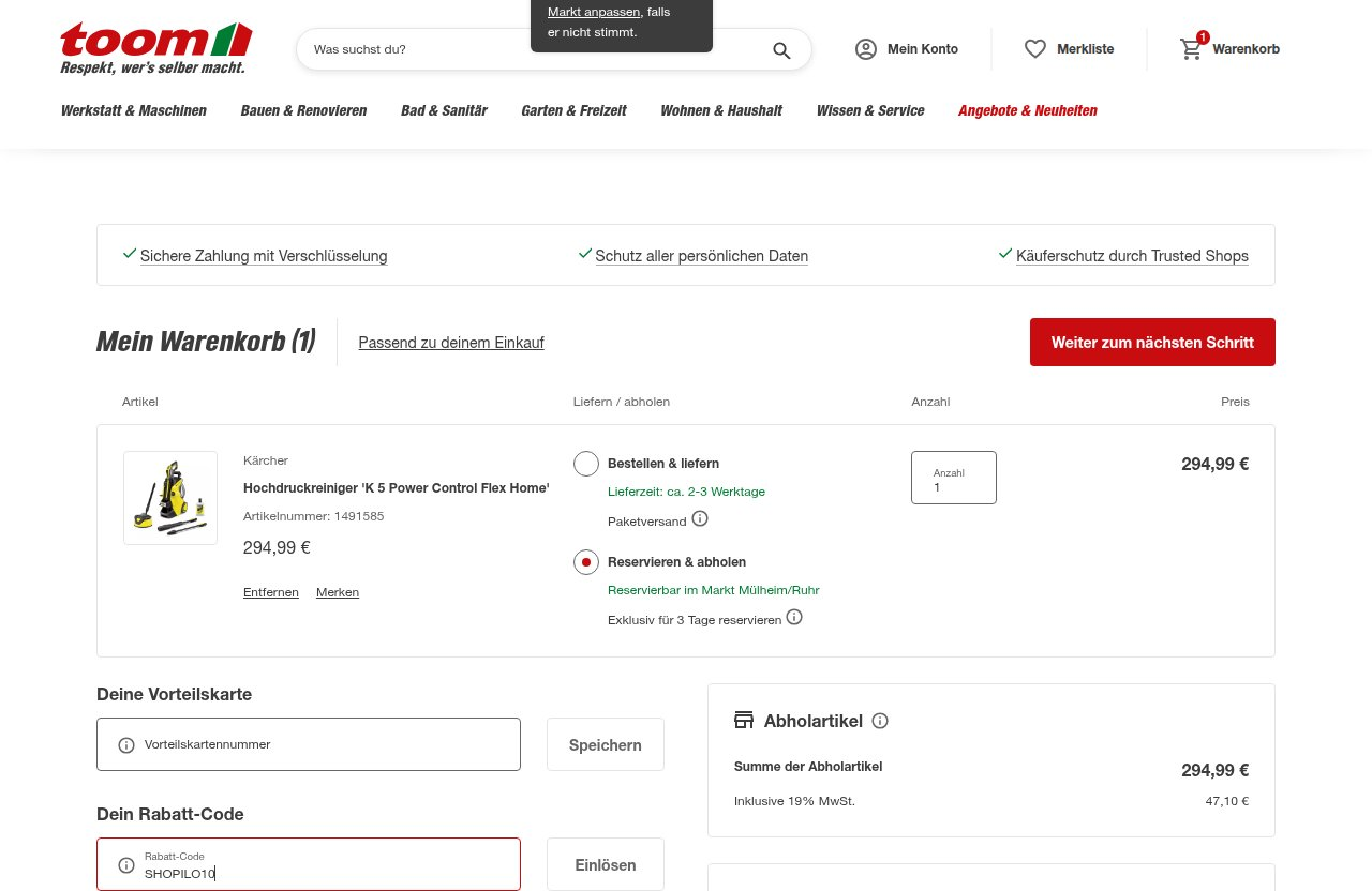 Wo man den Rabattcode auf der Toom-Website eingibt