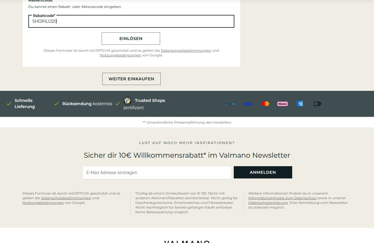 Wo man den Rabattcode auf der Valmano-Website eingibt