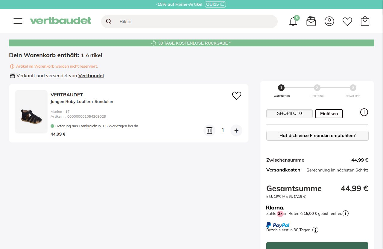 Wo man den Rabattcode auf der Vertbaudet-Website eingibt